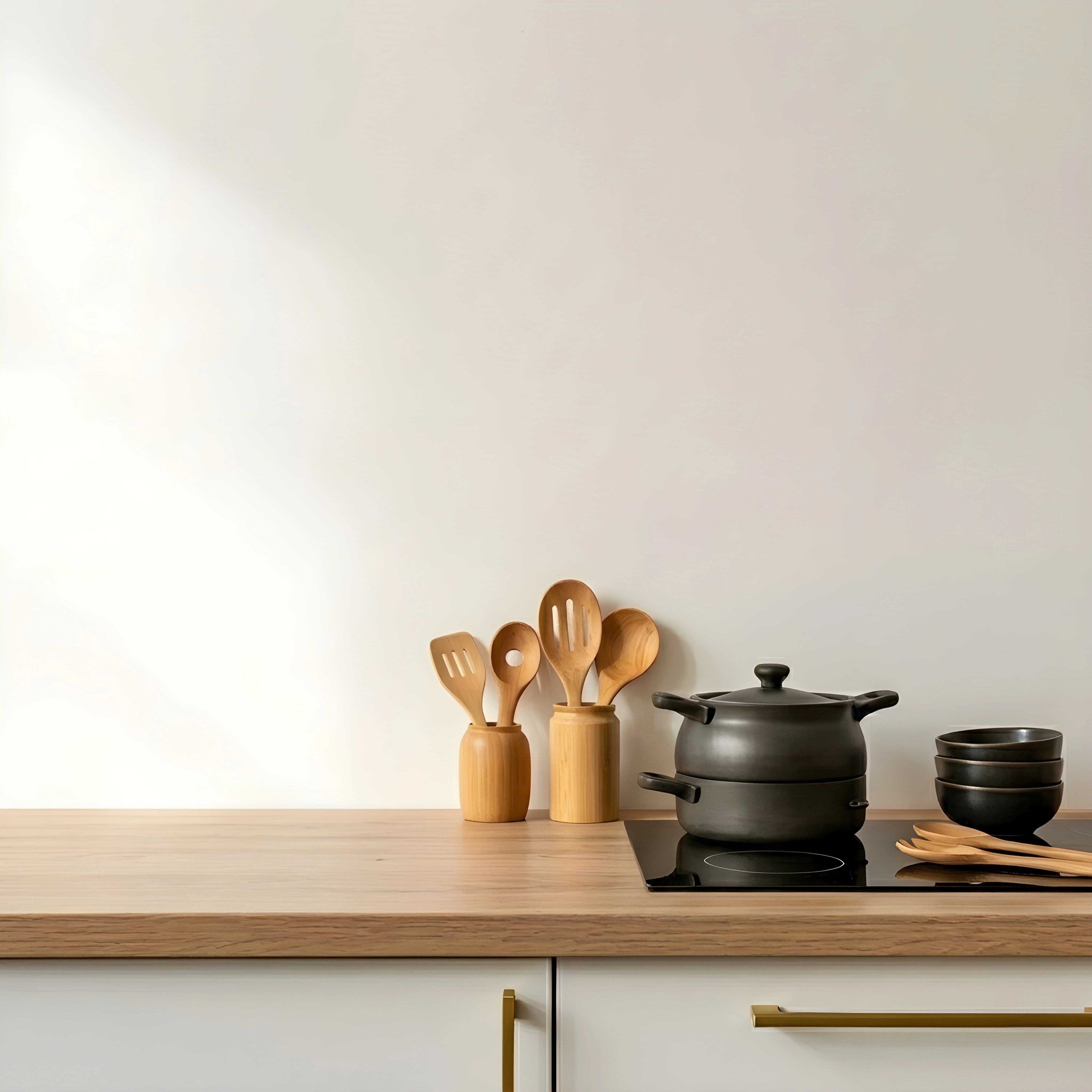 Minimal kitchen countertop with wooden utensils and cast iron cookware