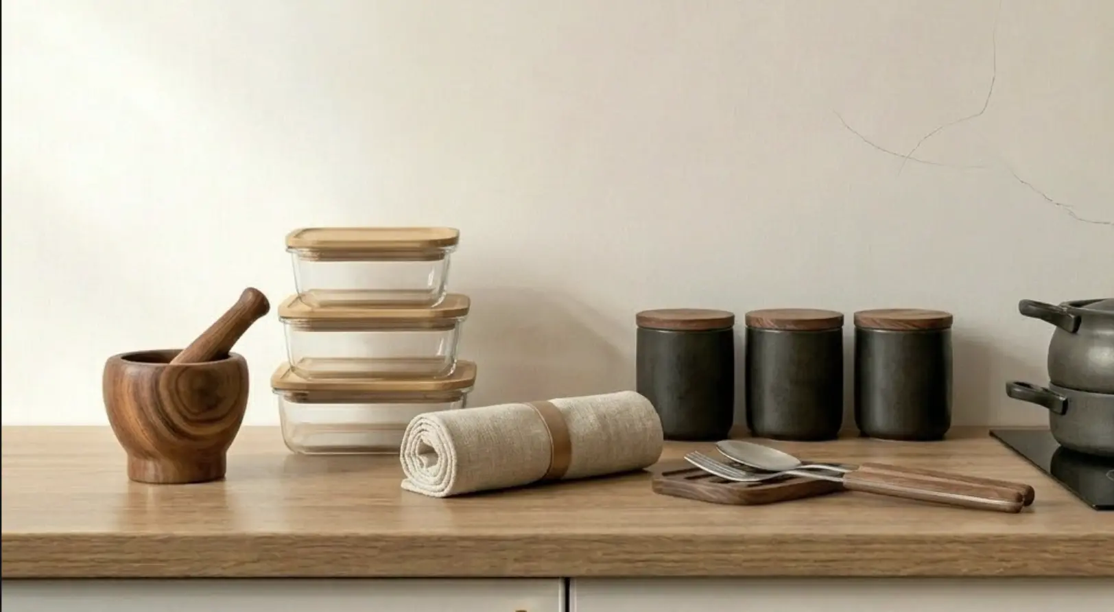 Handcrafted ceramic plates and wooden spoons in a kitchen